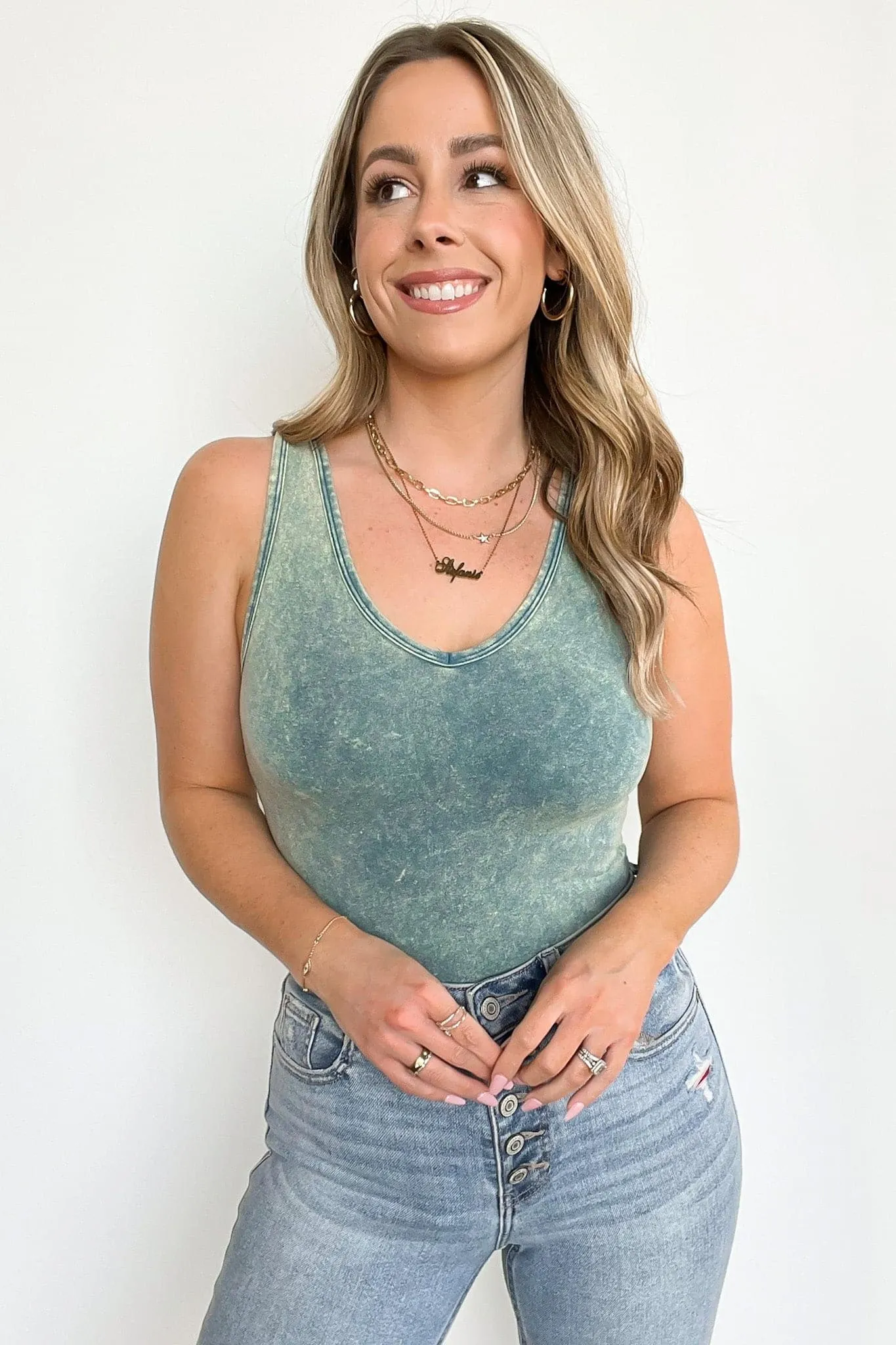 Adellie Acid Wash V-Neck Bodysuit