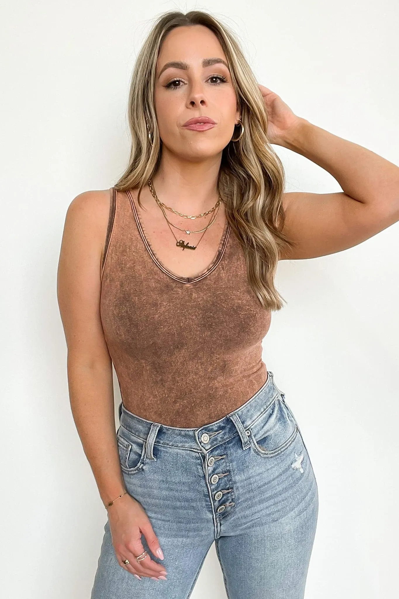 Adellie Acid Wash V-Neck Bodysuit