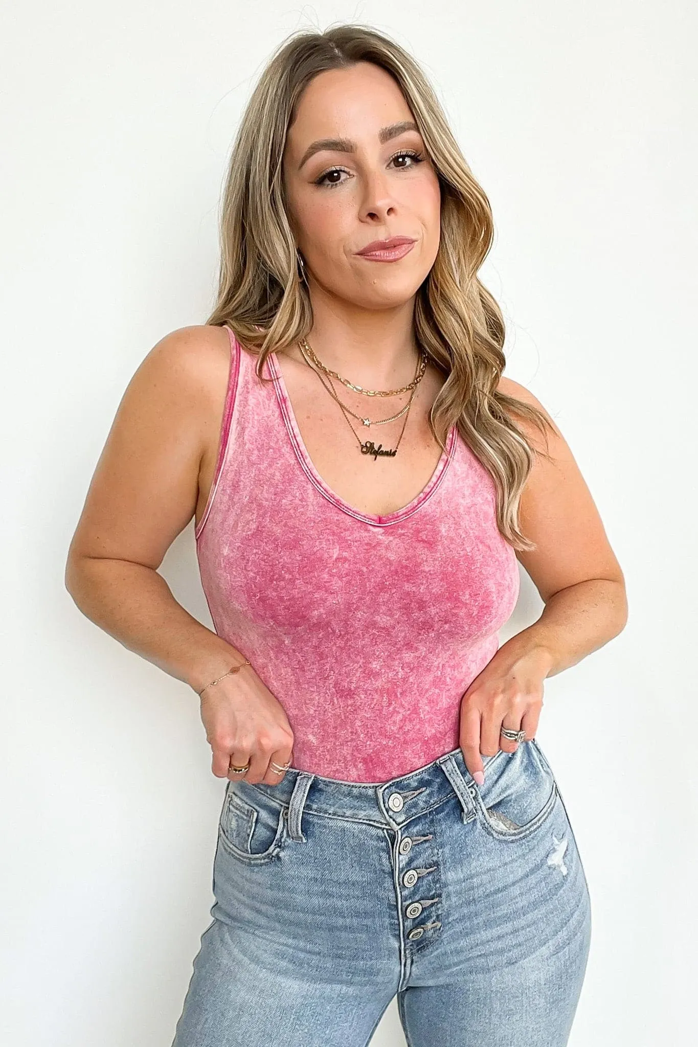 Adellie Acid Wash V-Neck Bodysuit