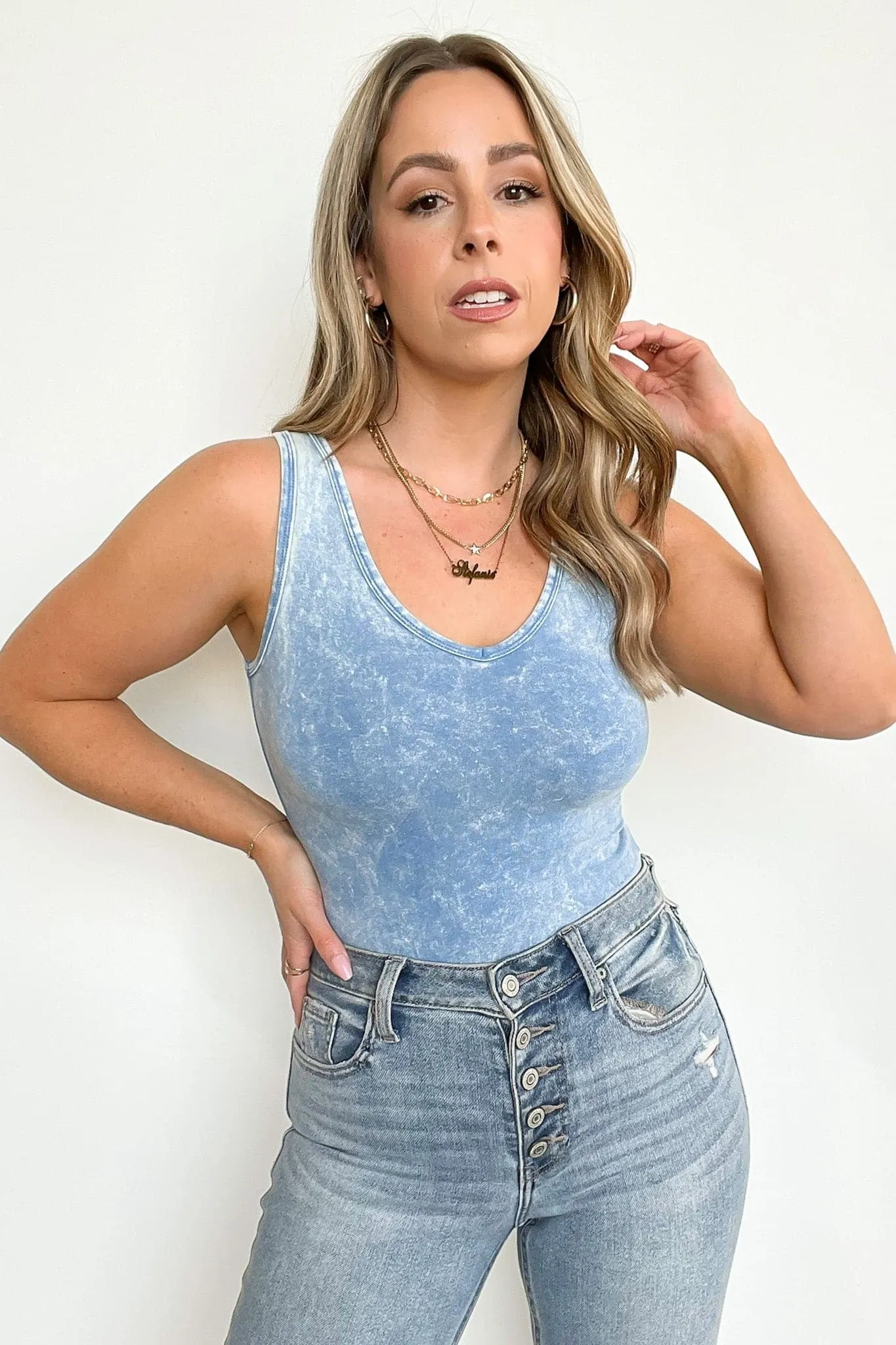 Adellie Acid Wash V-Neck Bodysuit