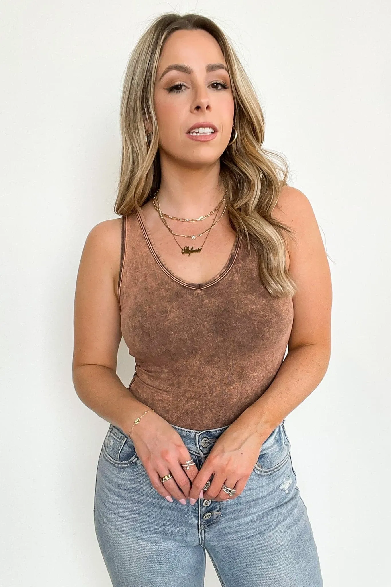 Adellie Acid Wash V-Neck Bodysuit