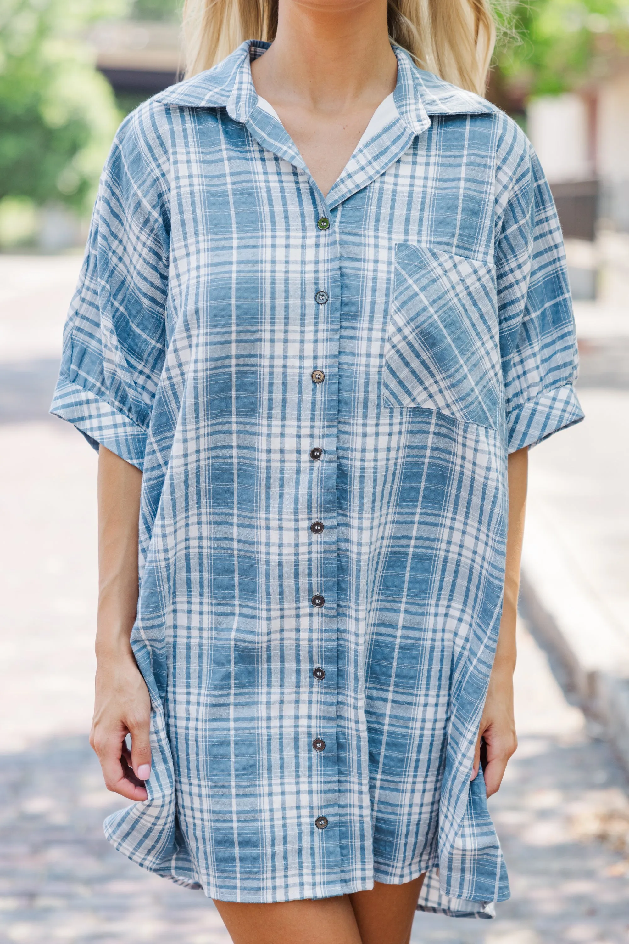 Call On You Chambray Blue Plaid Dress