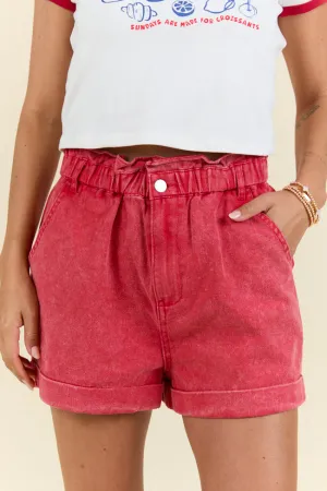 Chill Days Red Ruffle Waist Denim Shorts