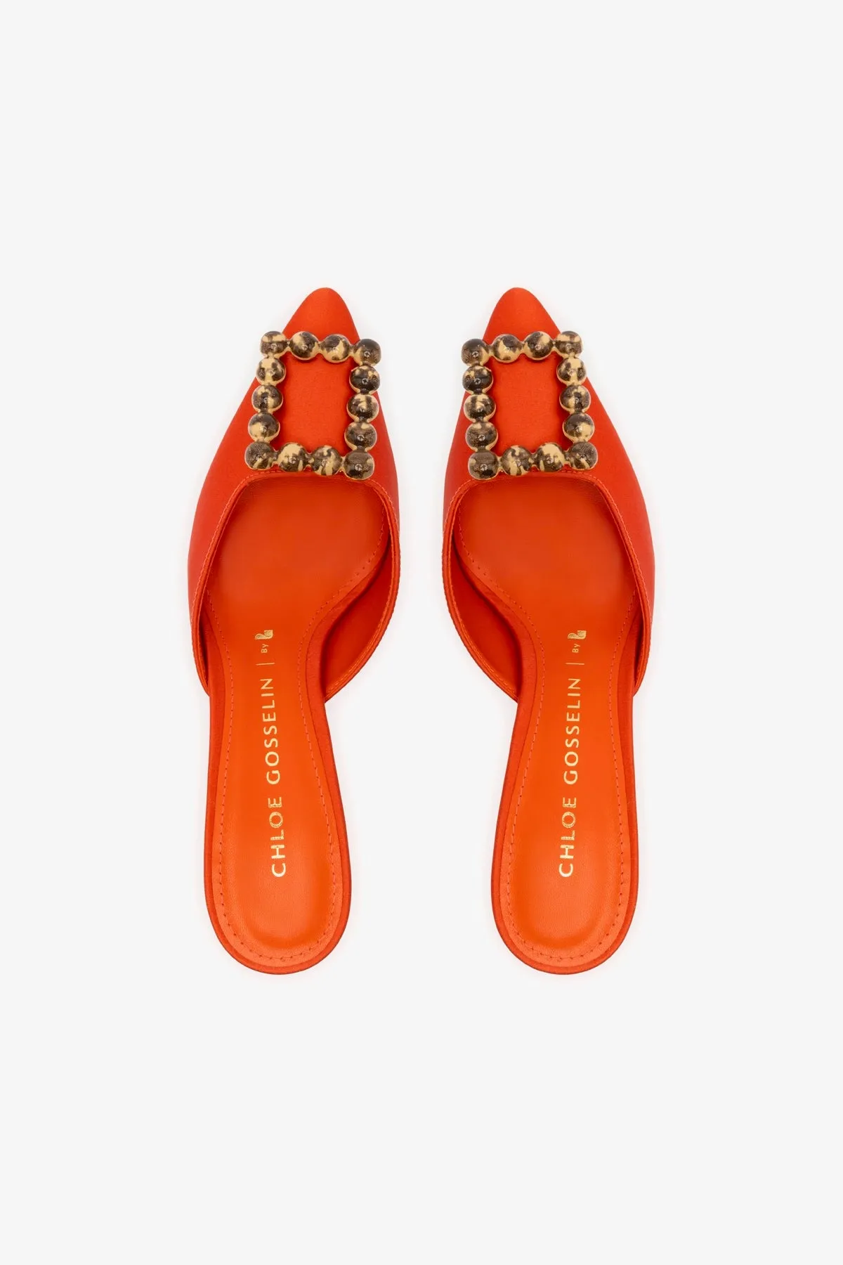 Chloe Gosselin by Larroud Ava Mule In Orange Sunrise Satin