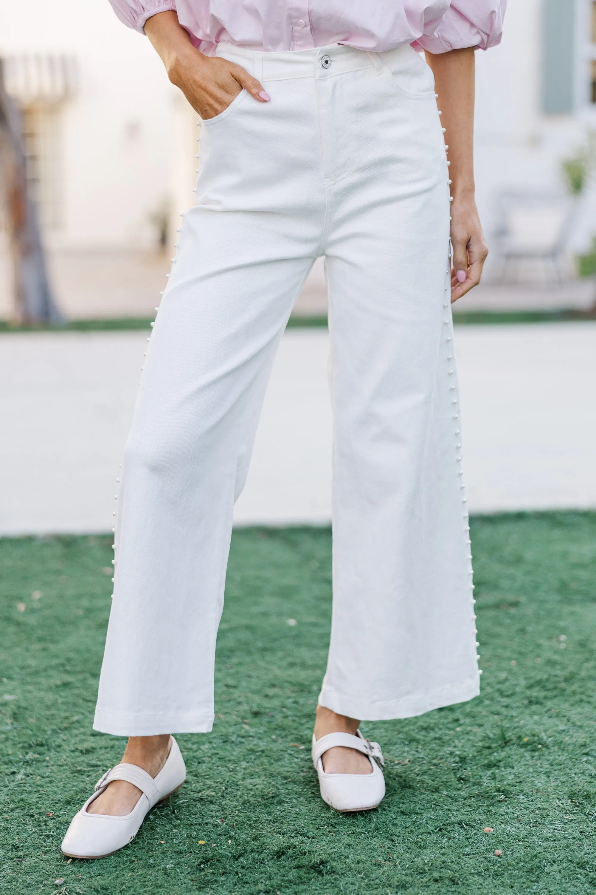 Coastal Muse White Pearl Embellished Jeans