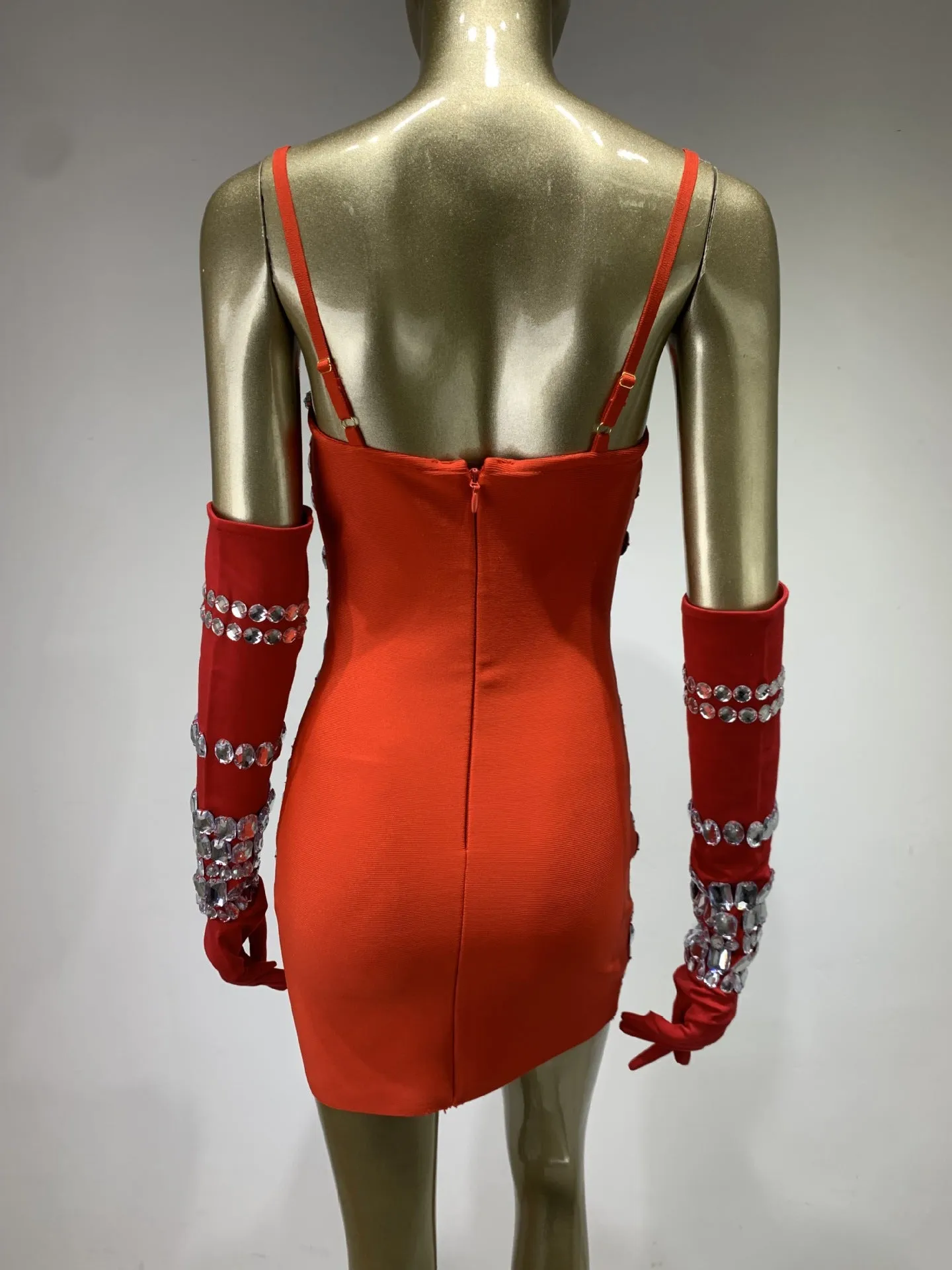 CRYSTAL EMBELLISHED BANDAGE DRESS WITH GLOVES IN RED Gloria Lanvin