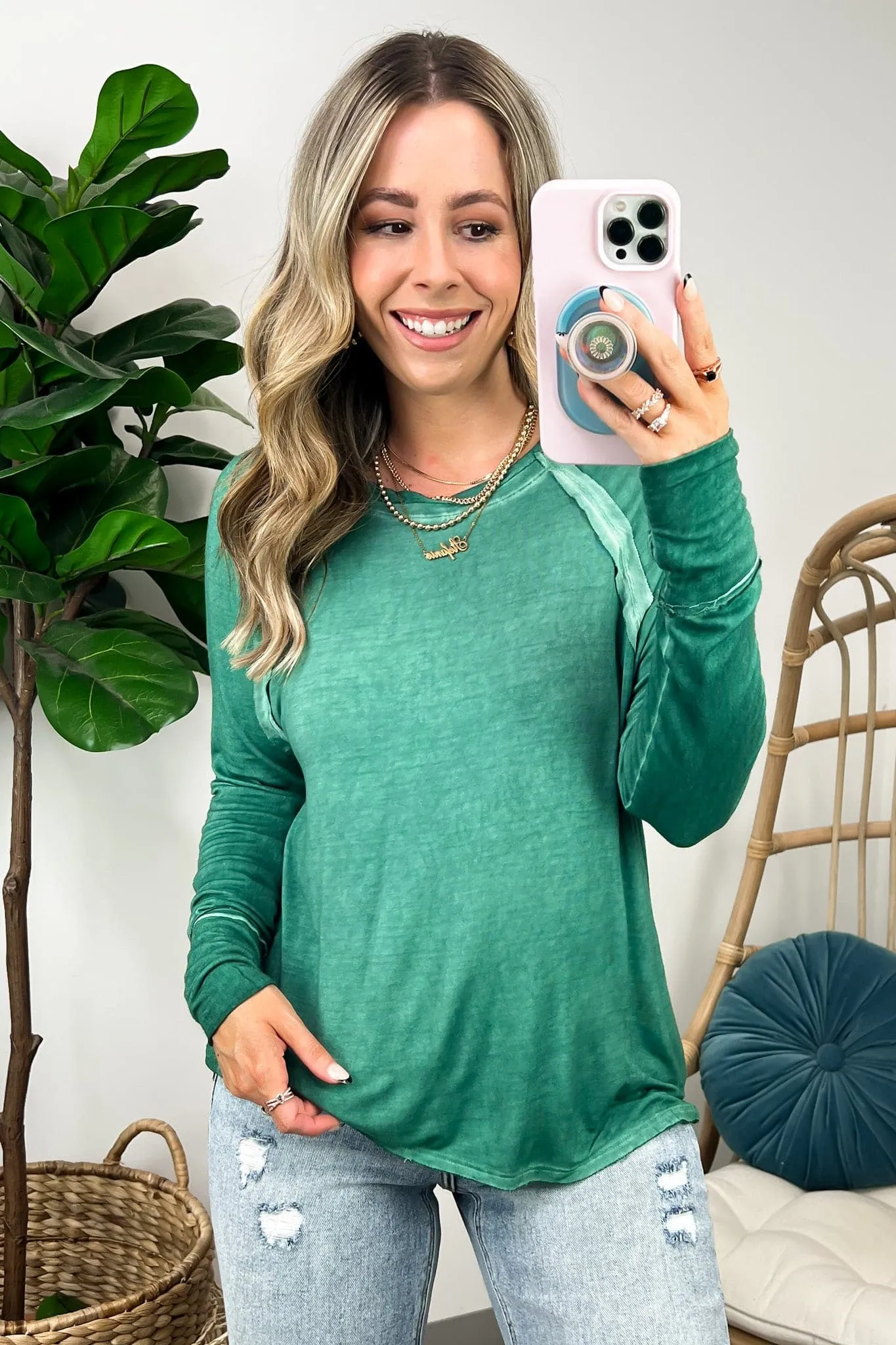Deela Washed Scoop Neck Thumb Hole Top - BACK IN STOCK