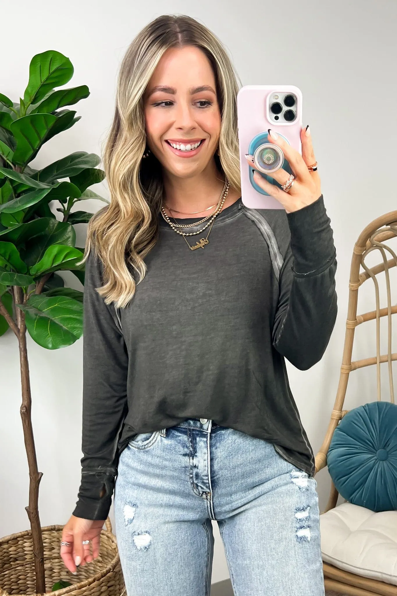 Deela Washed Scoop Neck Thumb Hole Top - BACK IN STOCK