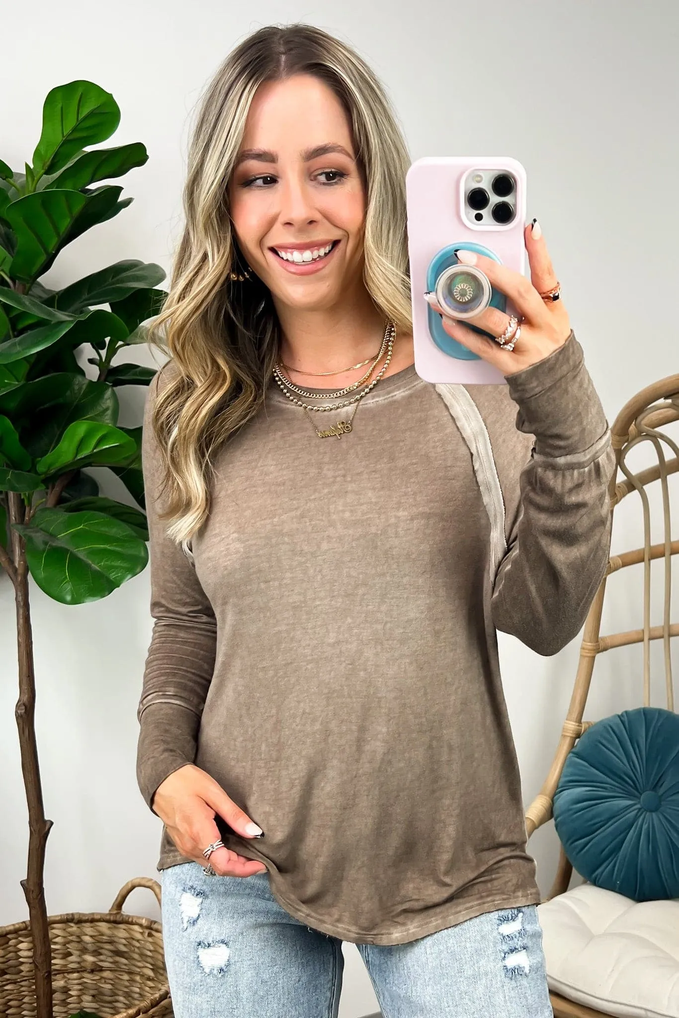 Deela Washed Scoop Neck Thumb Hole Top - BACK IN STOCK