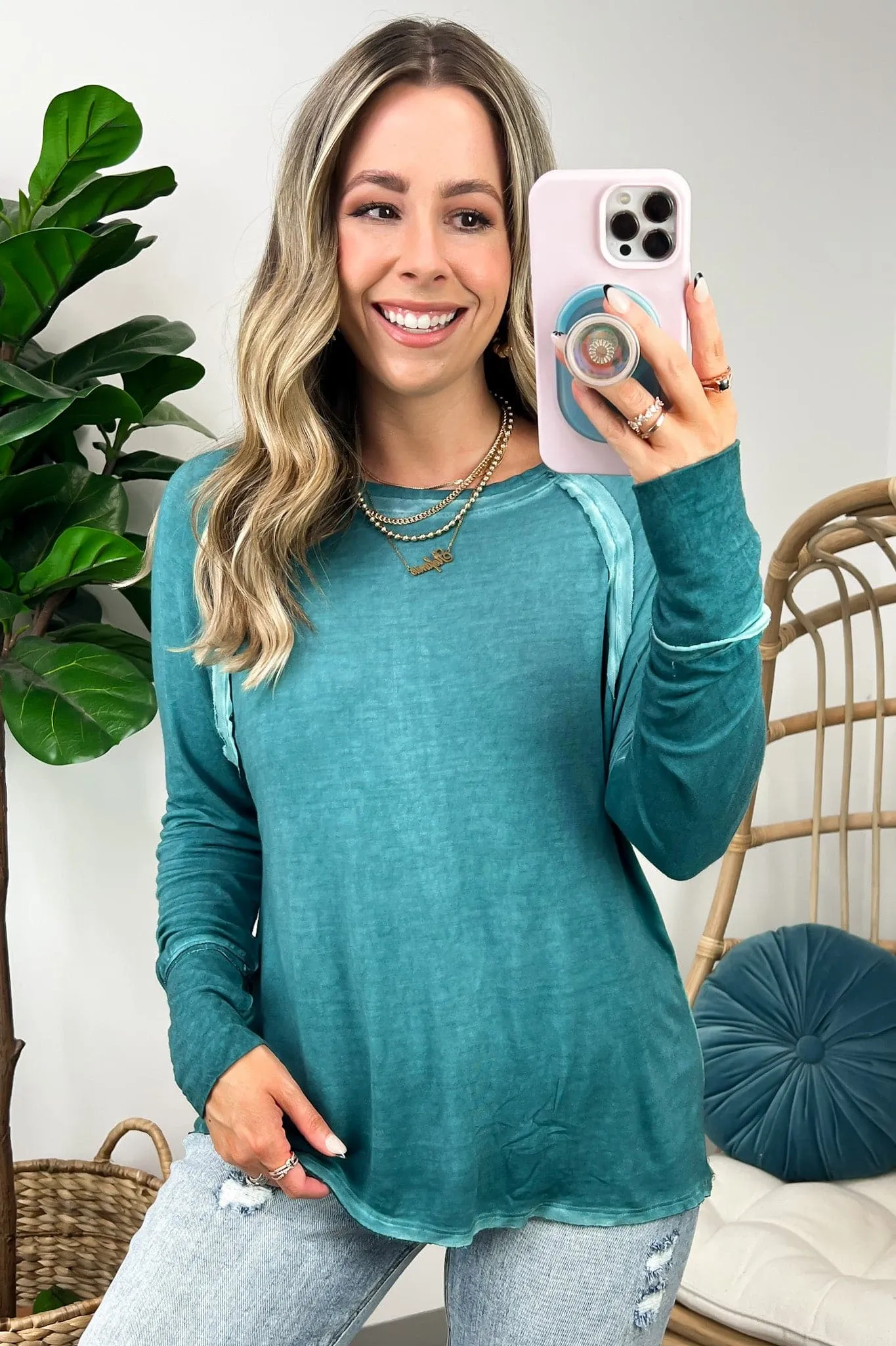 Deela Washed Scoop Neck Thumb Hole Top - BACK IN STOCK