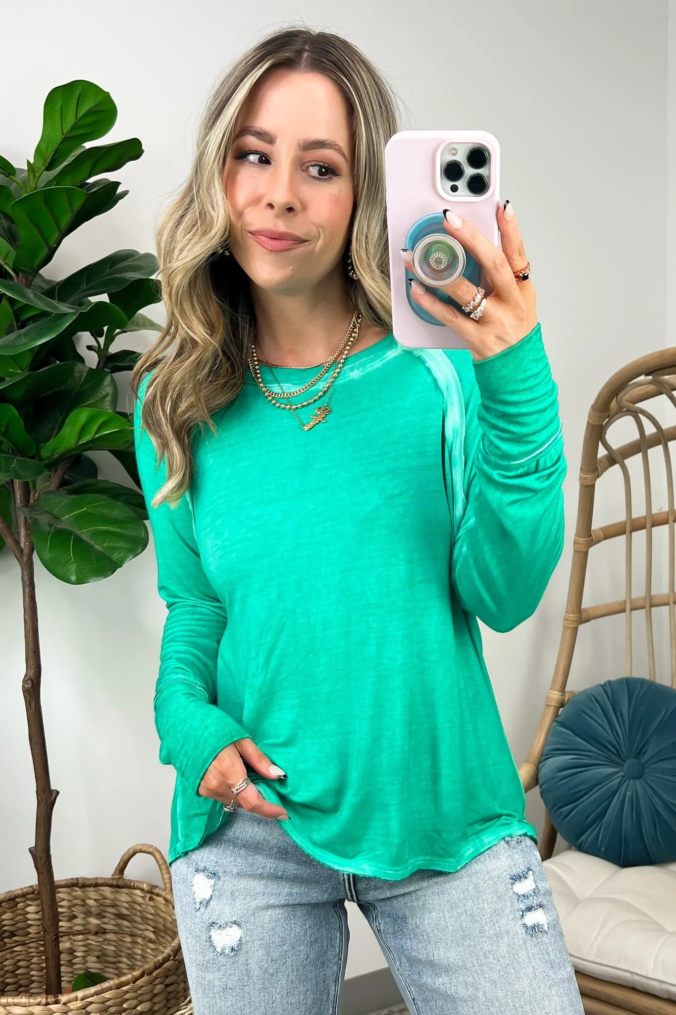 Deela Washed Scoop Neck Thumb Hole Top - BACK IN STOCK