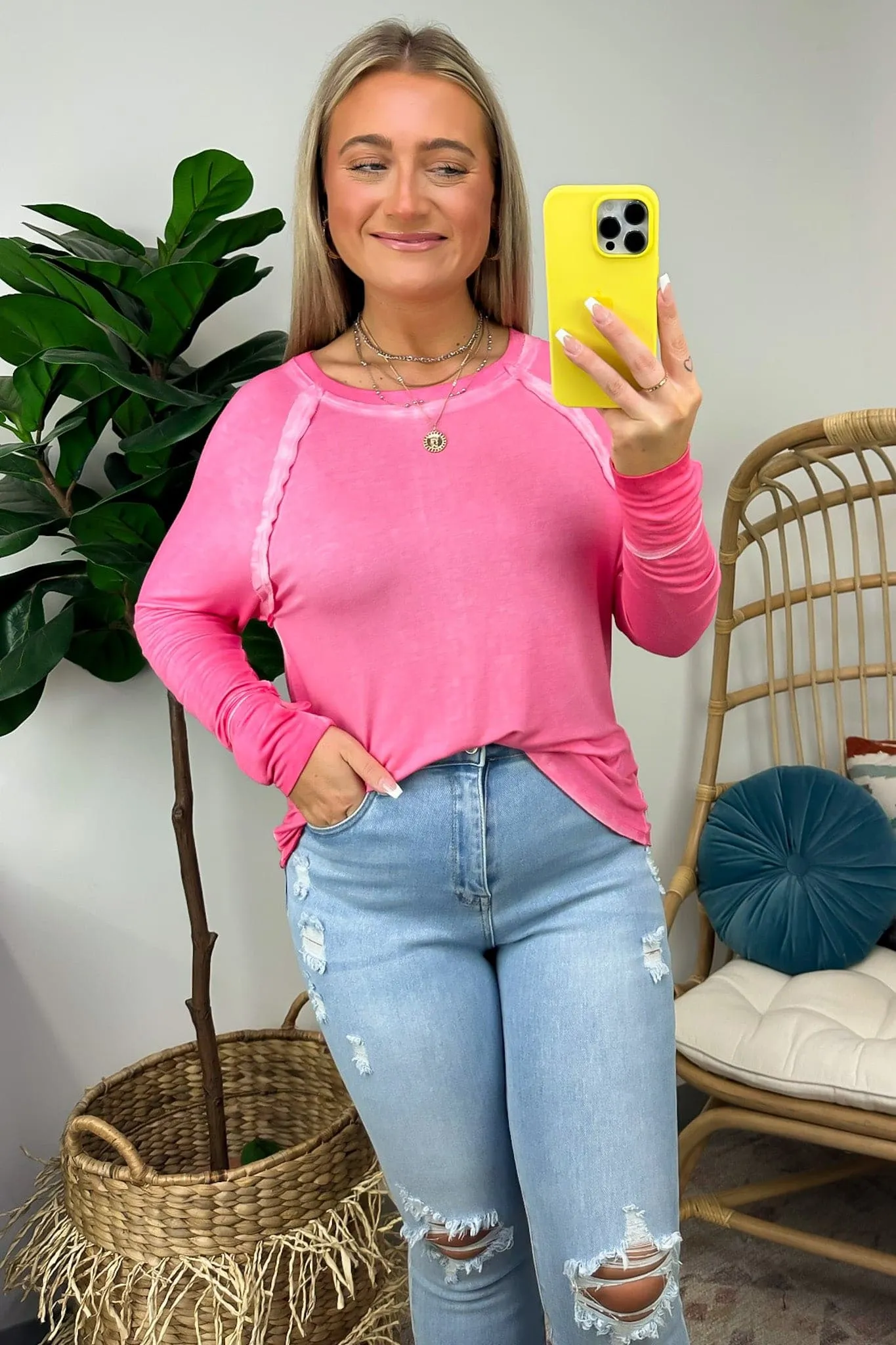 Deela Washed Scoop Neck Thumb Hole Top - BACK IN STOCK