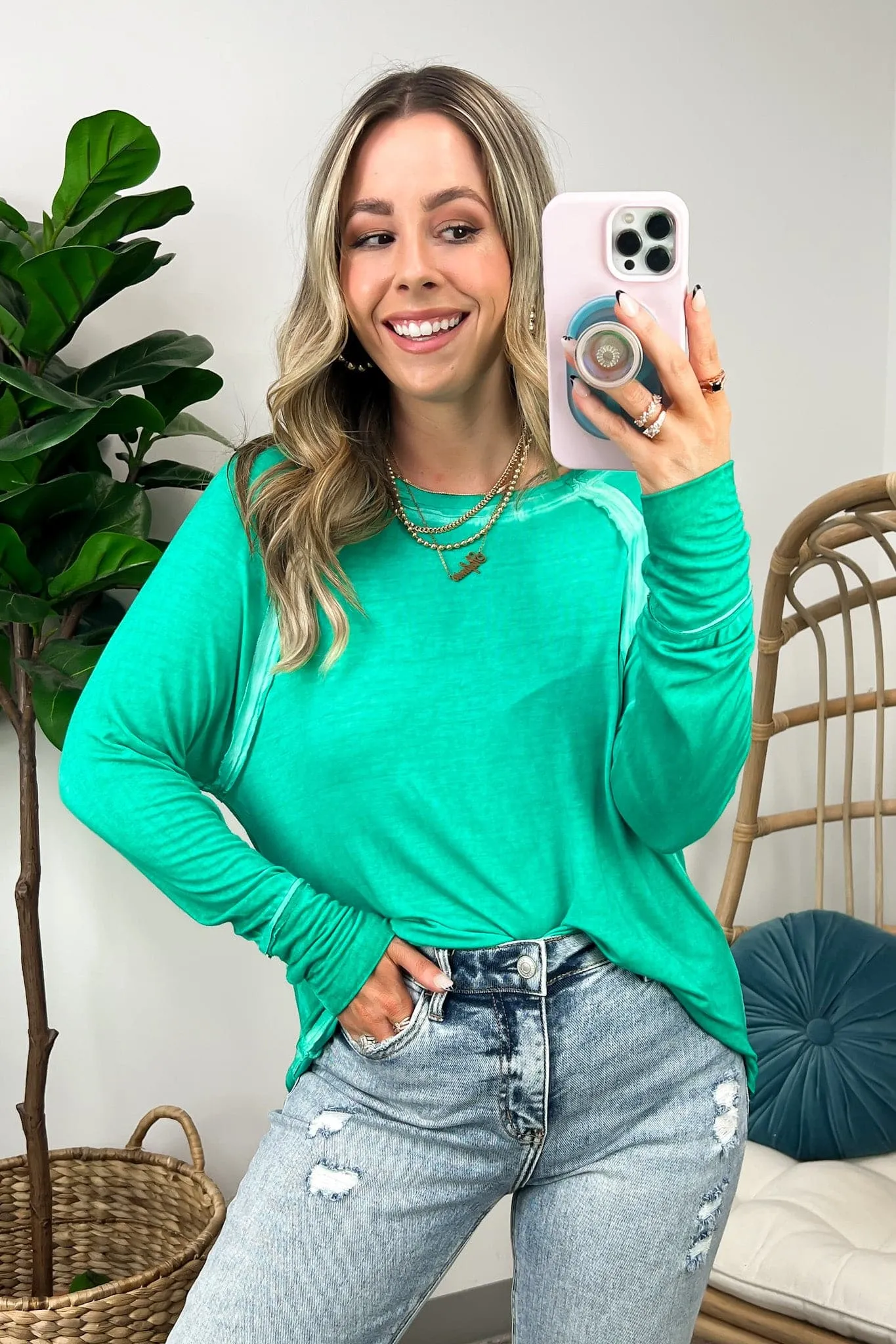 Deela Washed Scoop Neck Thumb Hole Top - BACK IN STOCK