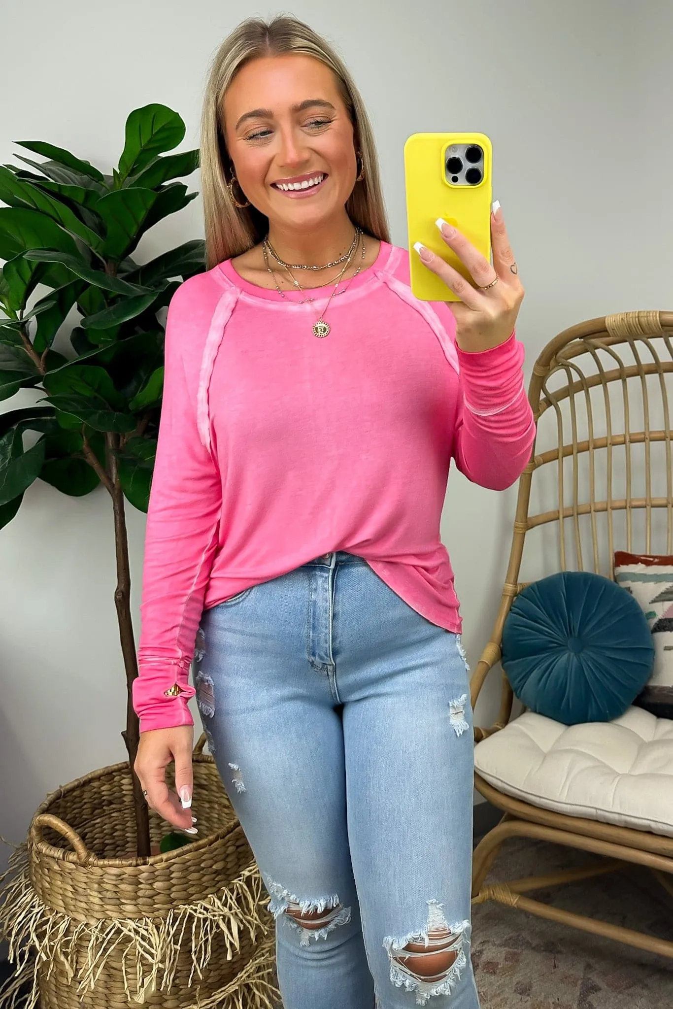 Deela Washed Scoop Neck Thumb Hole Top - BACK IN STOCK