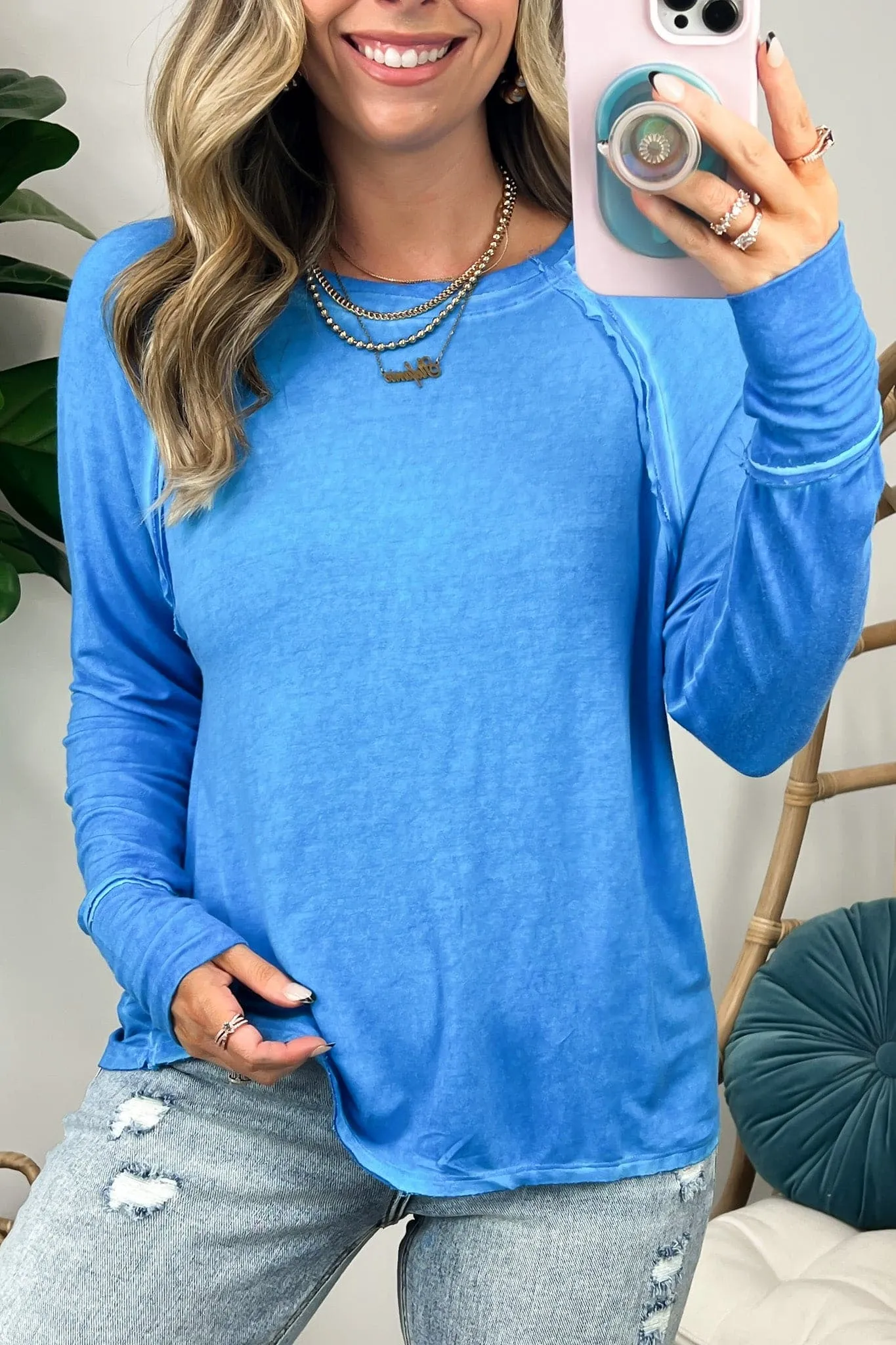 Deela Washed Scoop Neck Thumb Hole Top - BACK IN STOCK