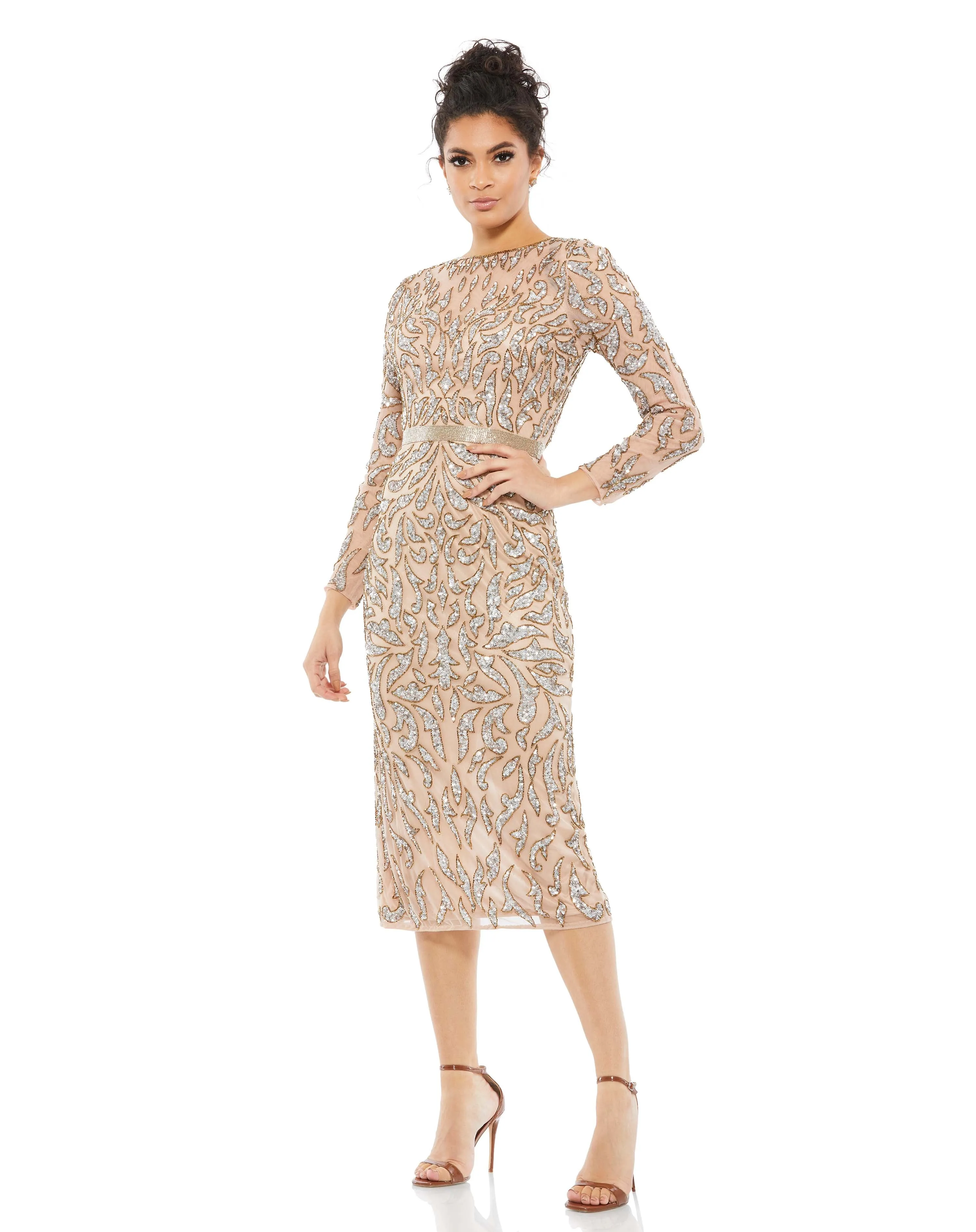 Embellished Long Sleeve Column Dress