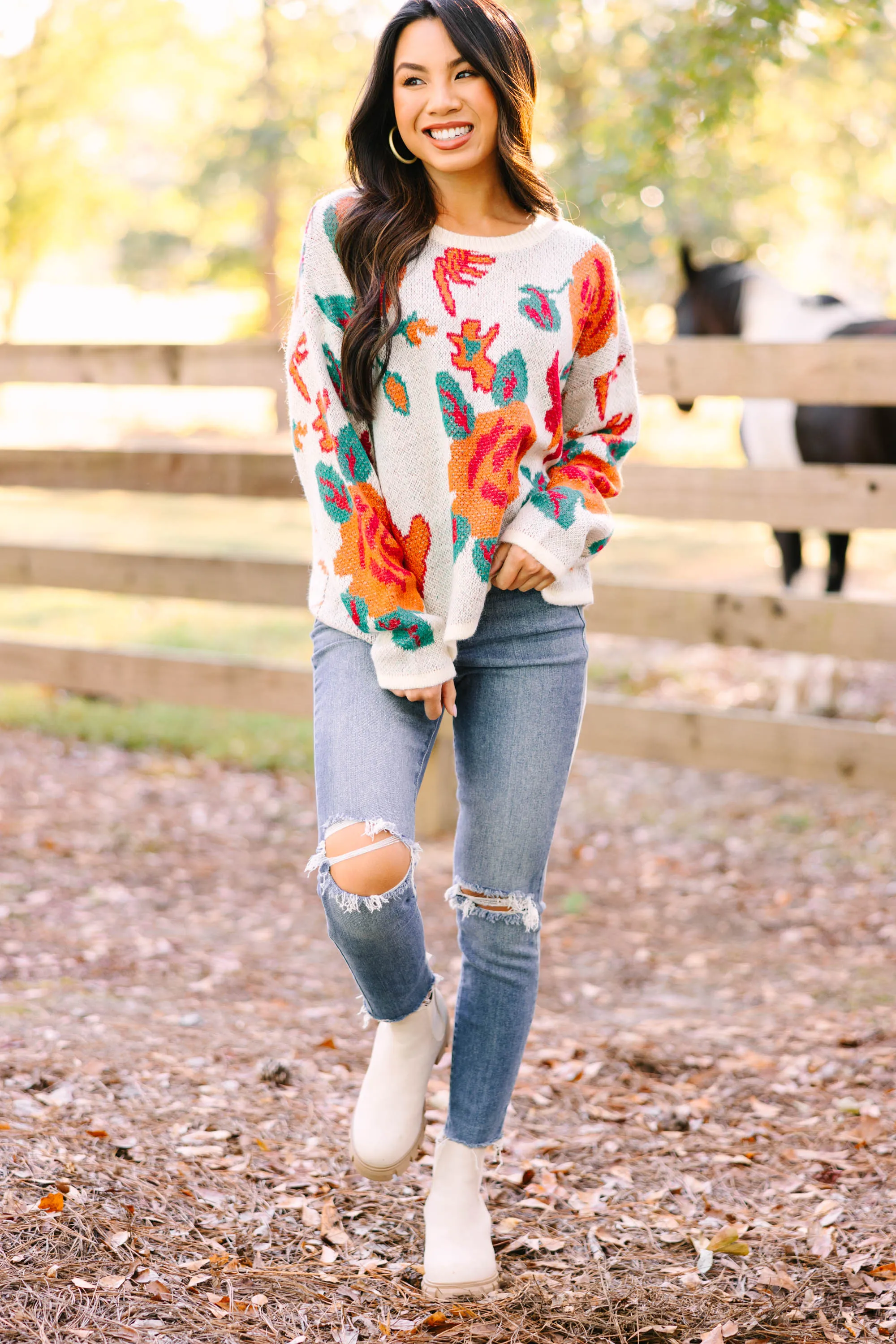 Feeling Fun Cream White Floral Sweater