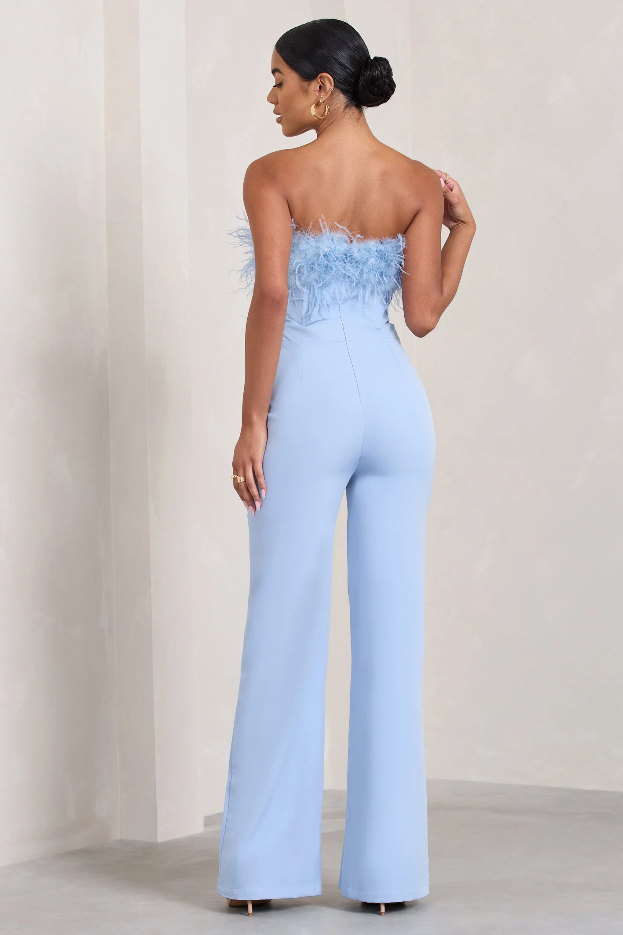 First Class | Blue Bandeau Feather Wide Leg jumpsuit Club L London