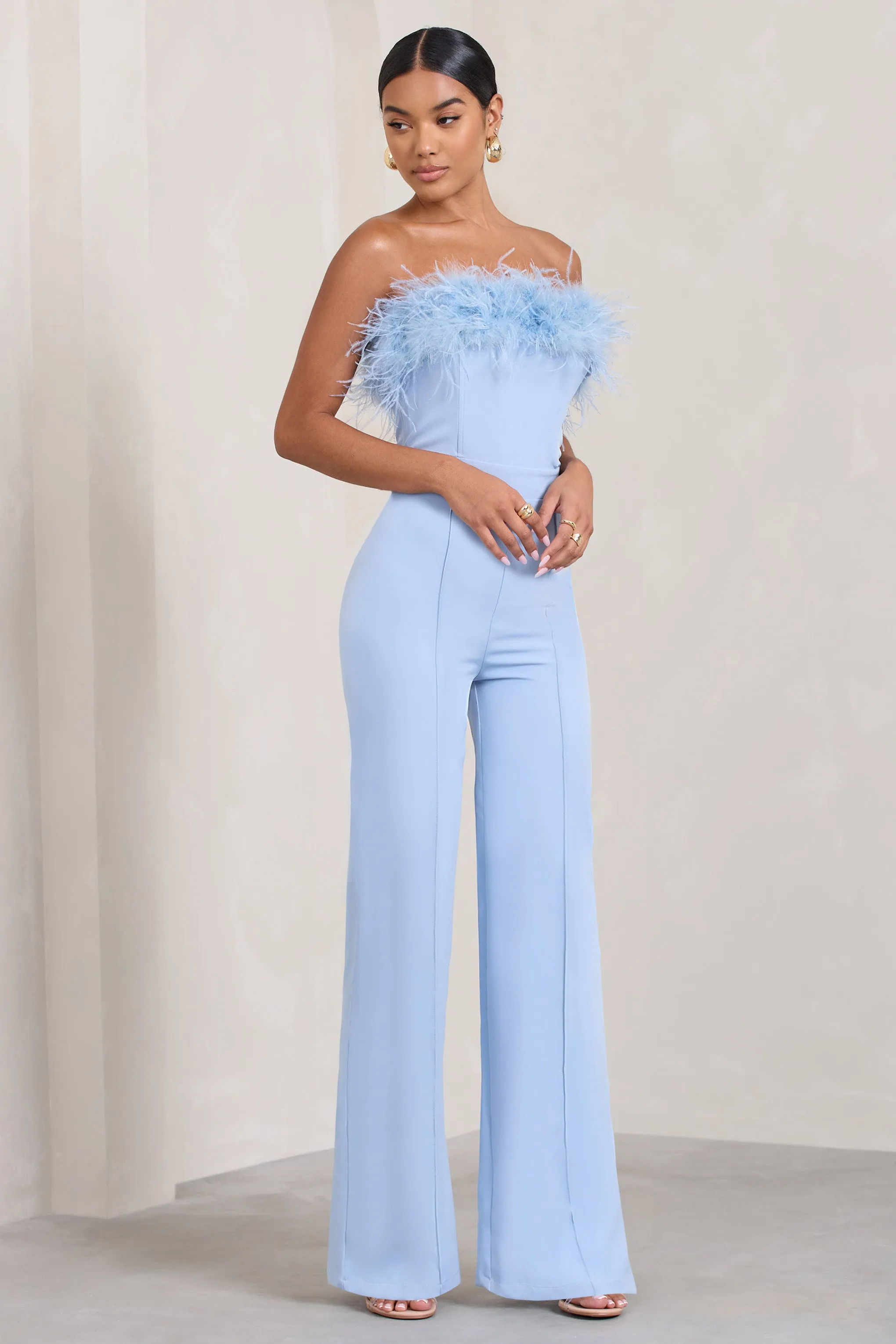 First Class | Blue Bandeau Feather Wide Leg jumpsuit Club L London