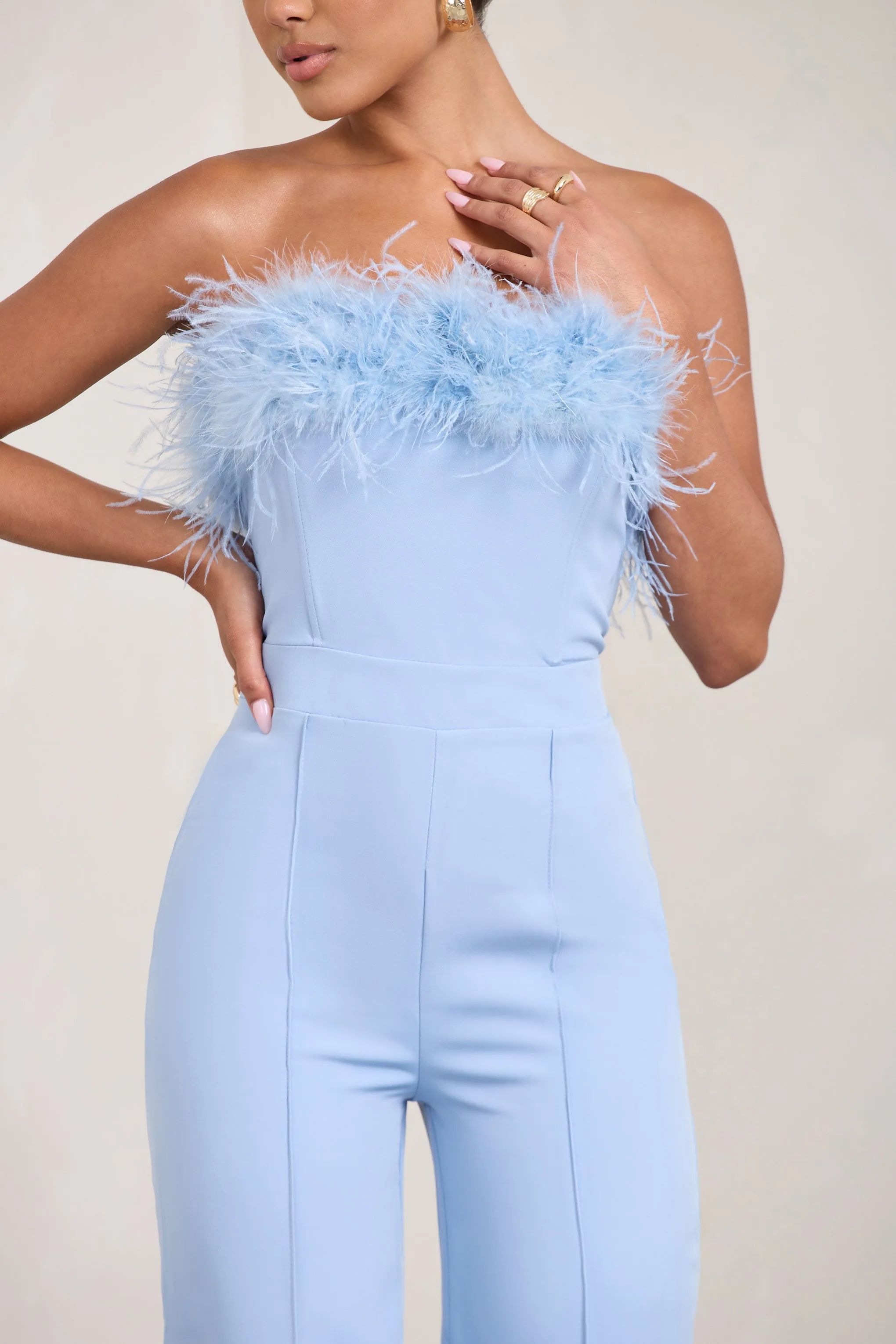 First Class | Blue Bandeau Feather Wide Leg jumpsuit Club L London