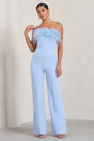 First Class | Blue Bandeau Feather Wide Leg jumpsuit Club L London