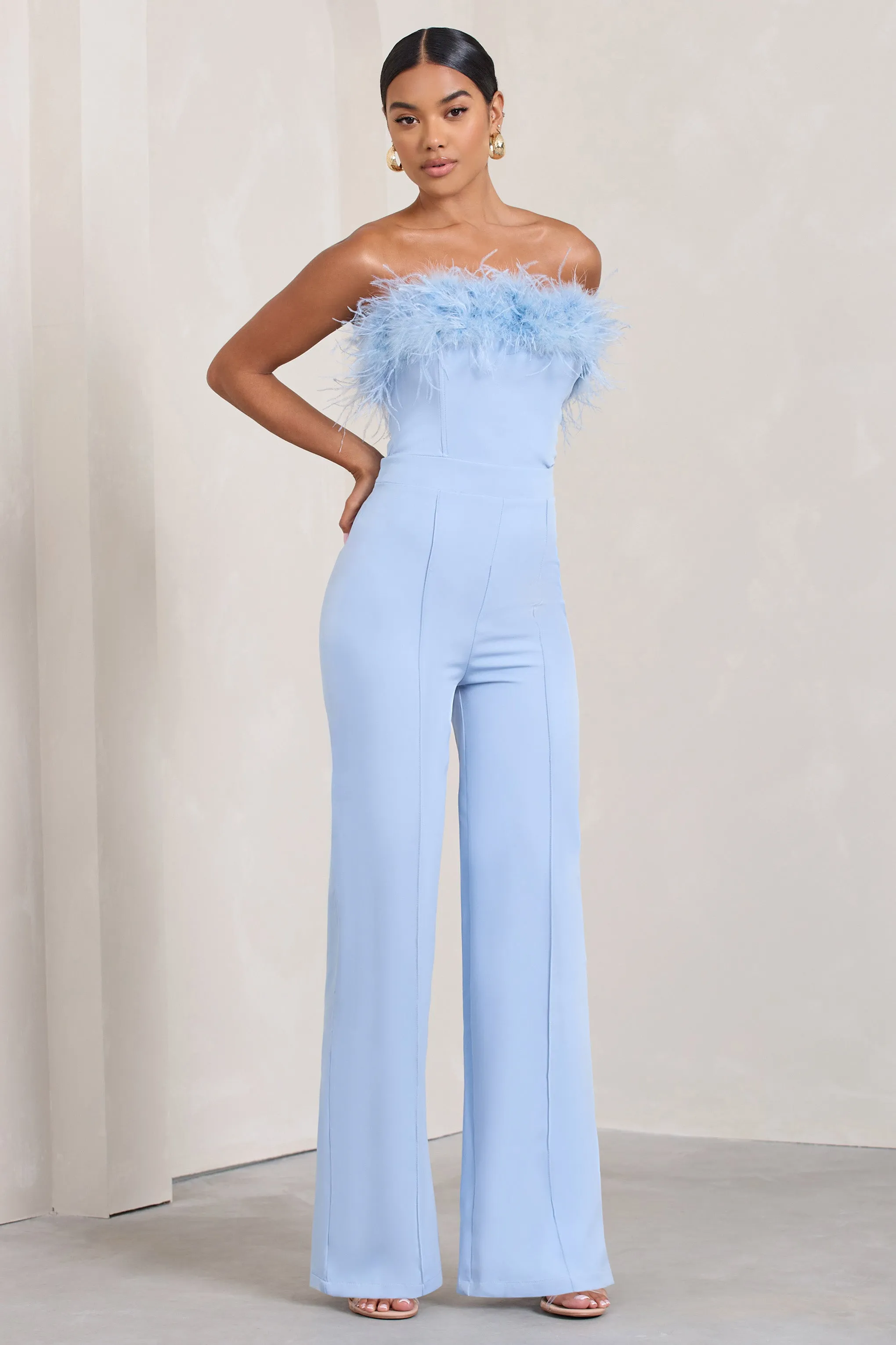 First Class | Blue Bandeau Feather Wide Leg jumpsuit Club L London