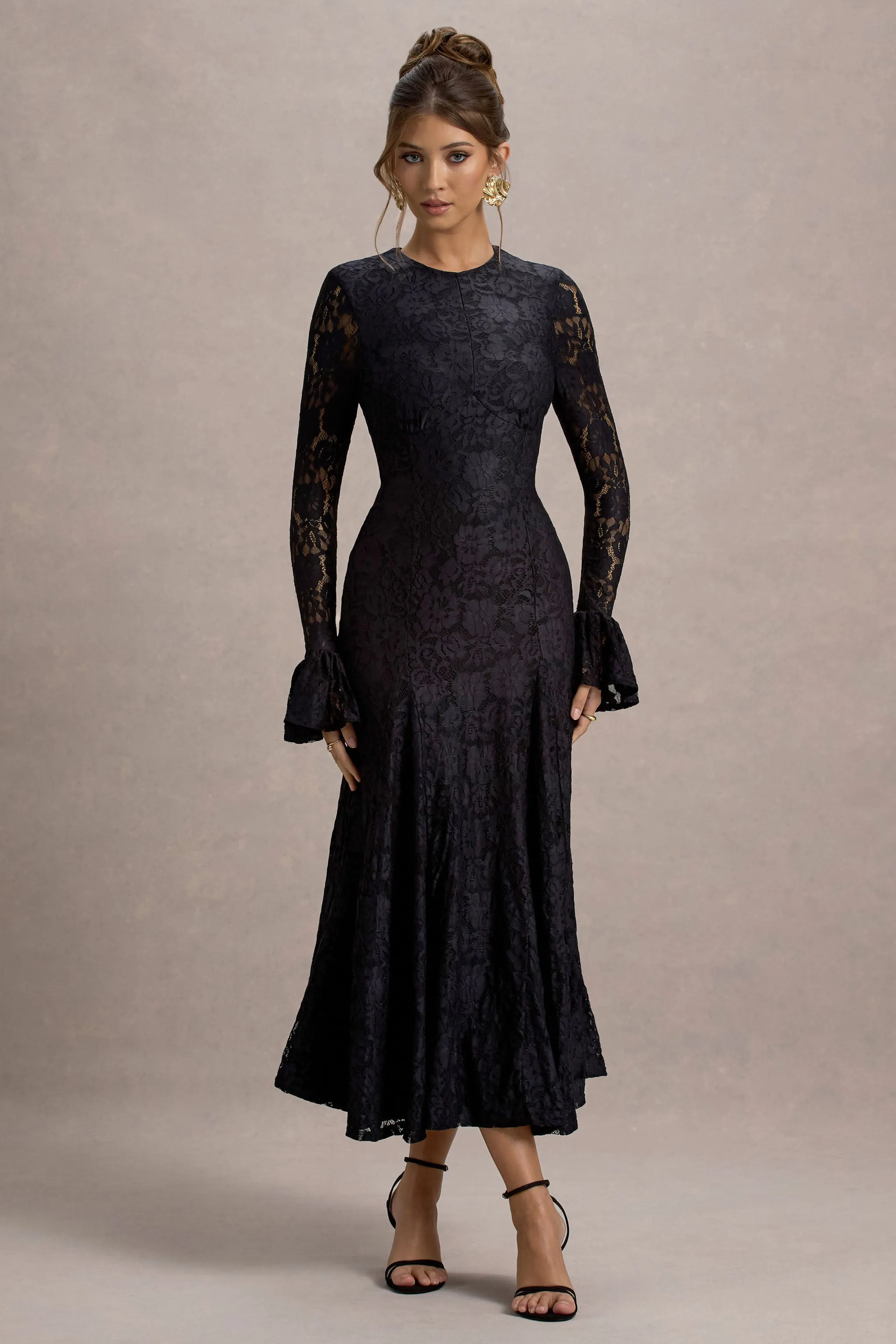 For Life | Black Lace Long-Sleeve Midi Dress Club L London