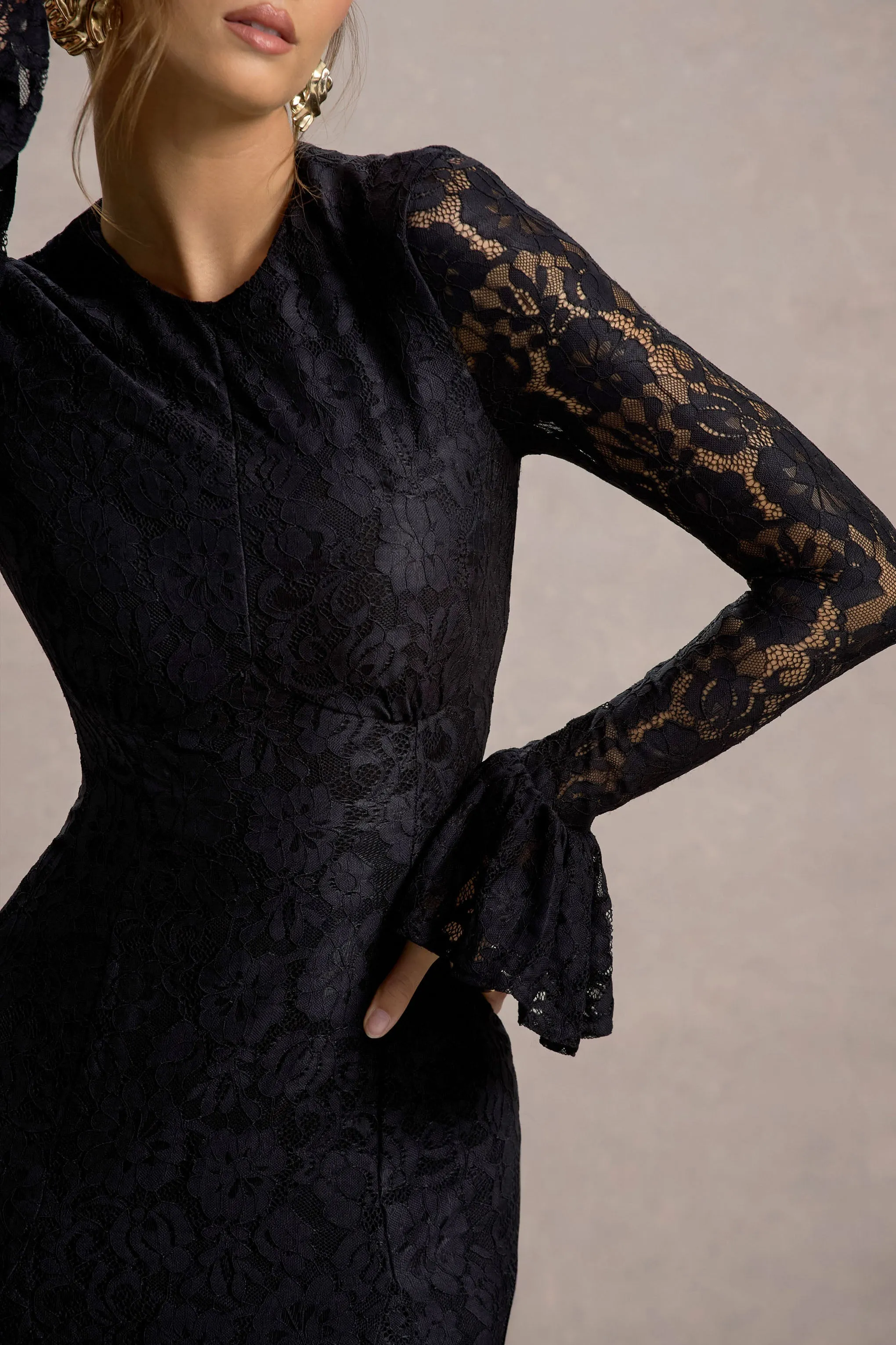 For Life | Black Lace Long-Sleeve Midi Dress Club L London