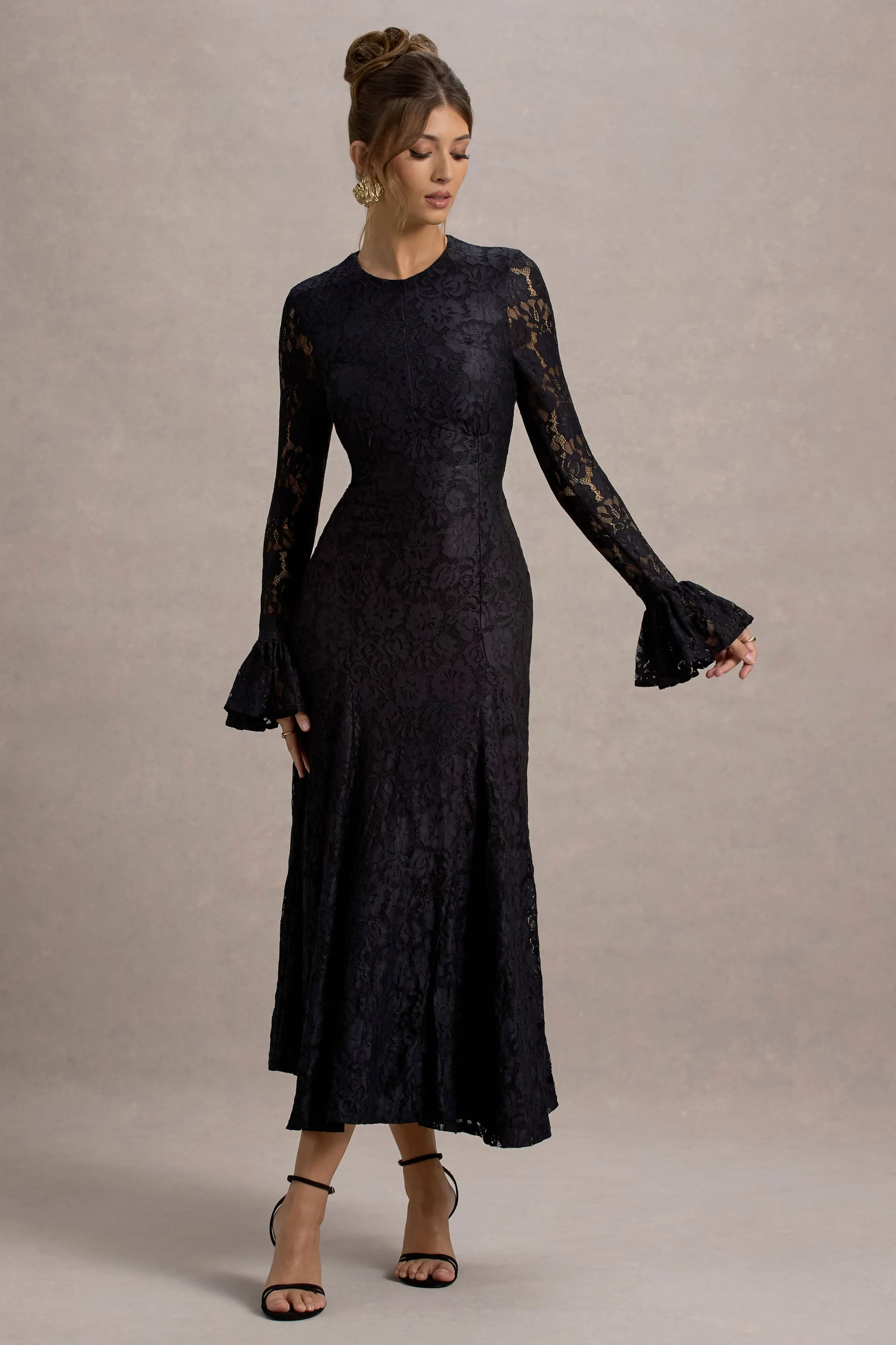 For Life | Black Lace Long-Sleeve Midi Dress Club L London