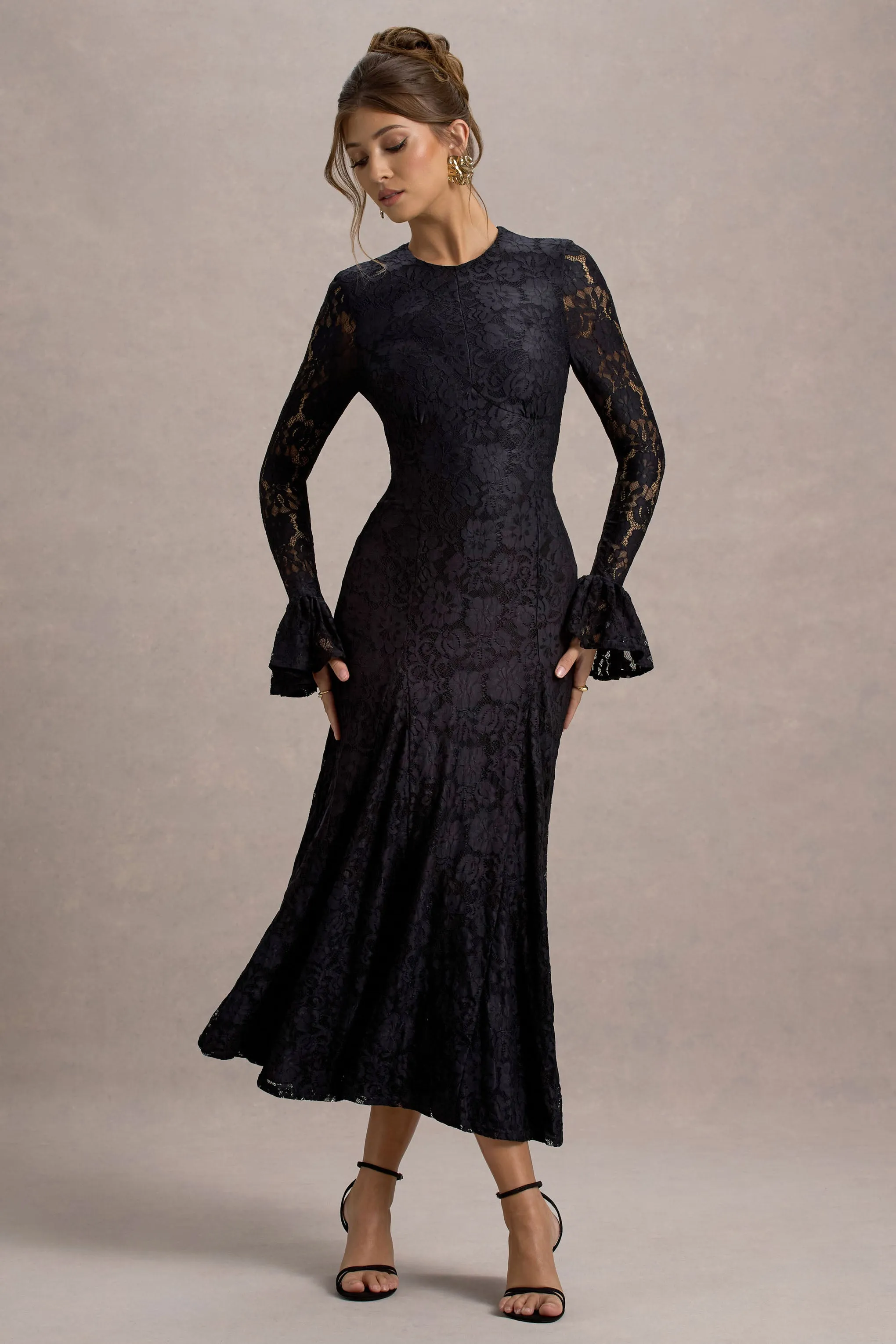 For Life | Black Lace Long-Sleeve Midi Dress Club L London