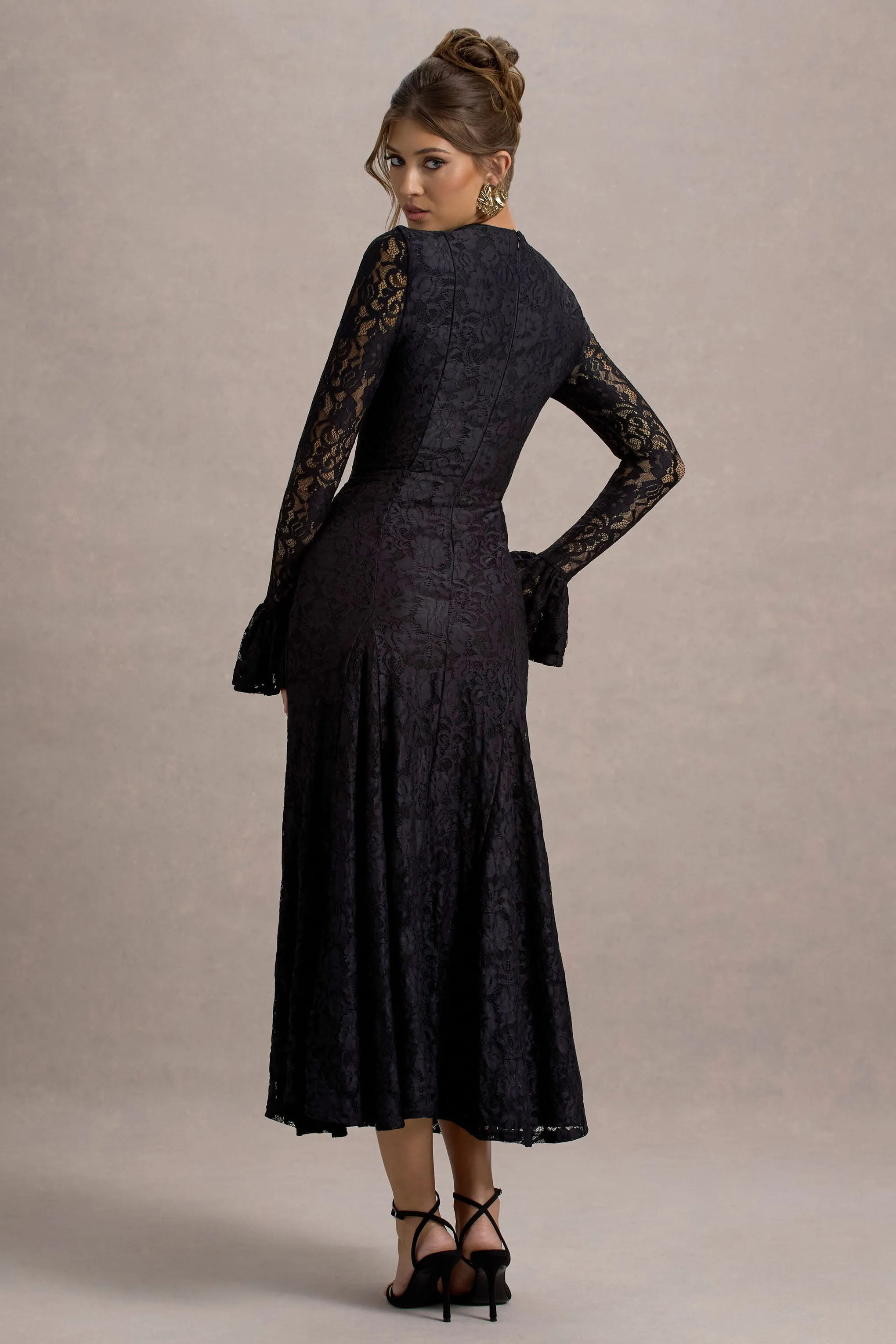 For Life | Black Lace Long-Sleeve Midi Dress Club L London