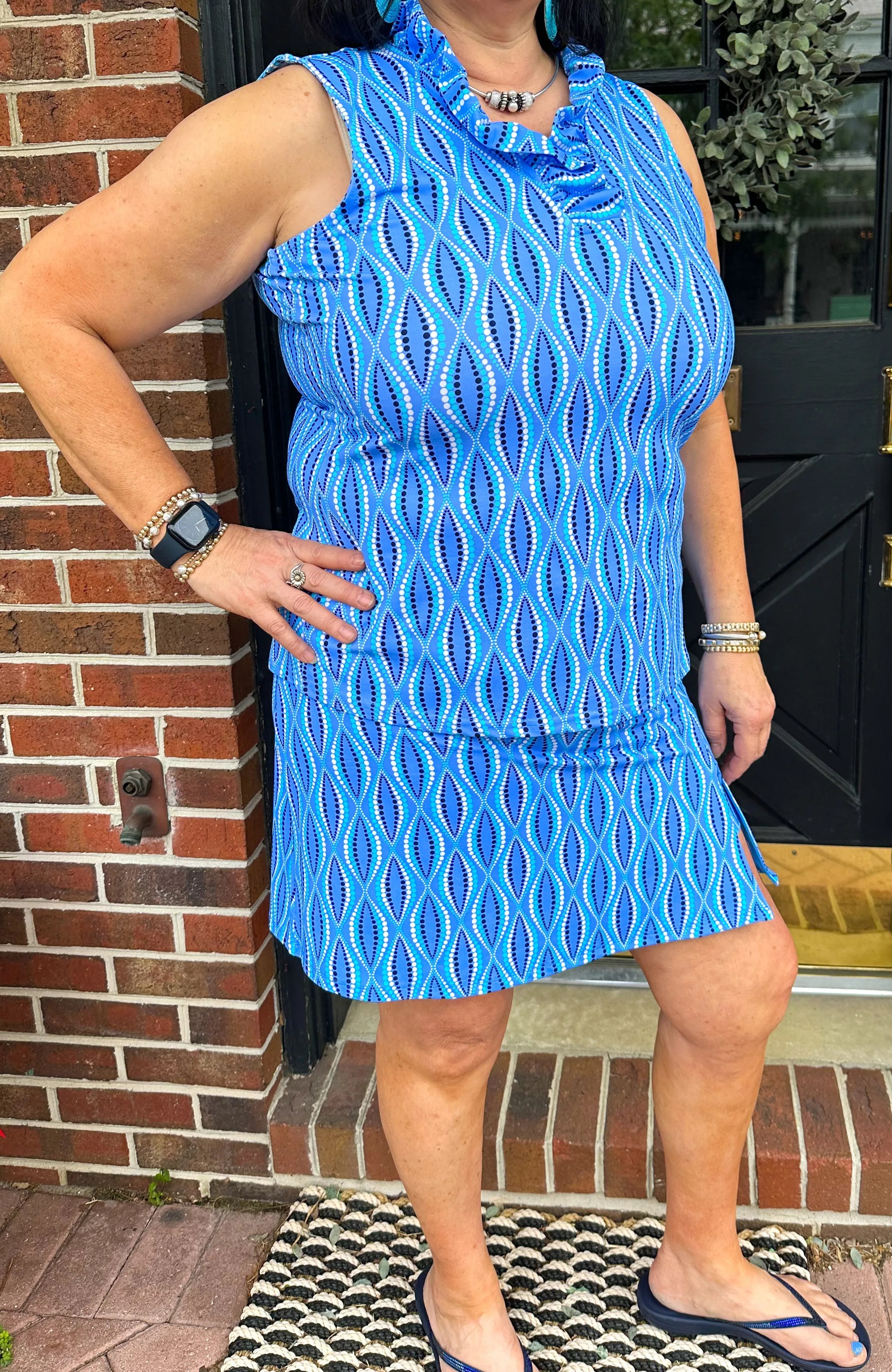 Lulu B Blue Dots Ruffle V-Neck Tank