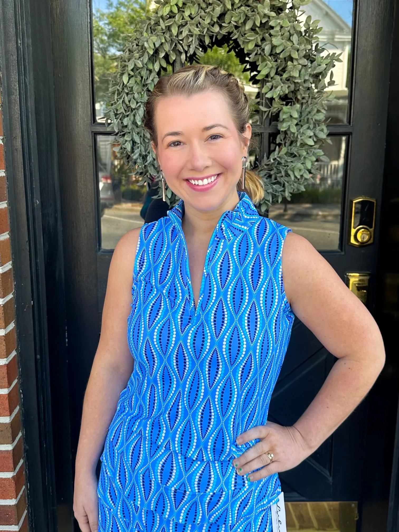Lulu B Blue Dots Sleeveless Zip Top