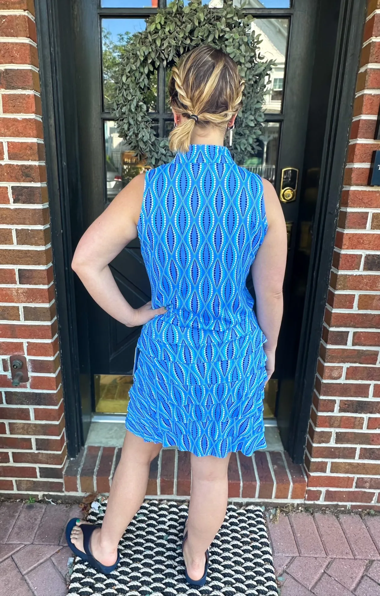 Lulu B Blue Dots Sleeveless Zip Top