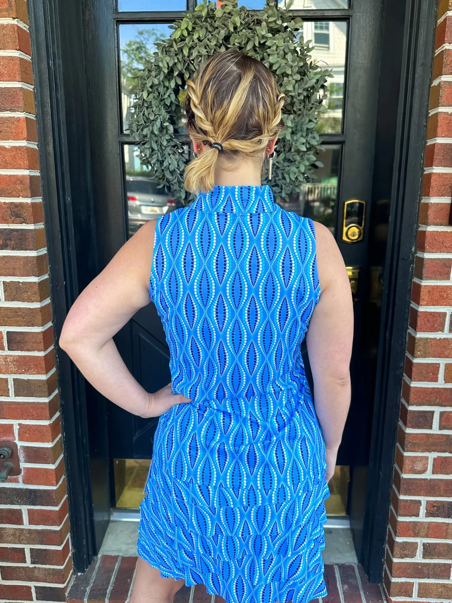 Lulu B Blue Dots Sleeveless Zip Top