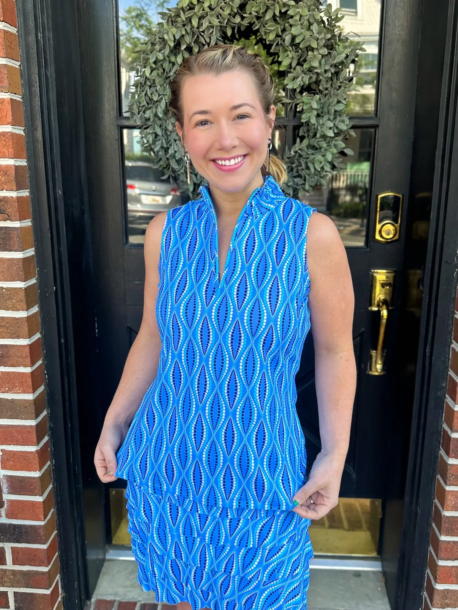 Lulu B Blue Dots Sleeveless Zip Top