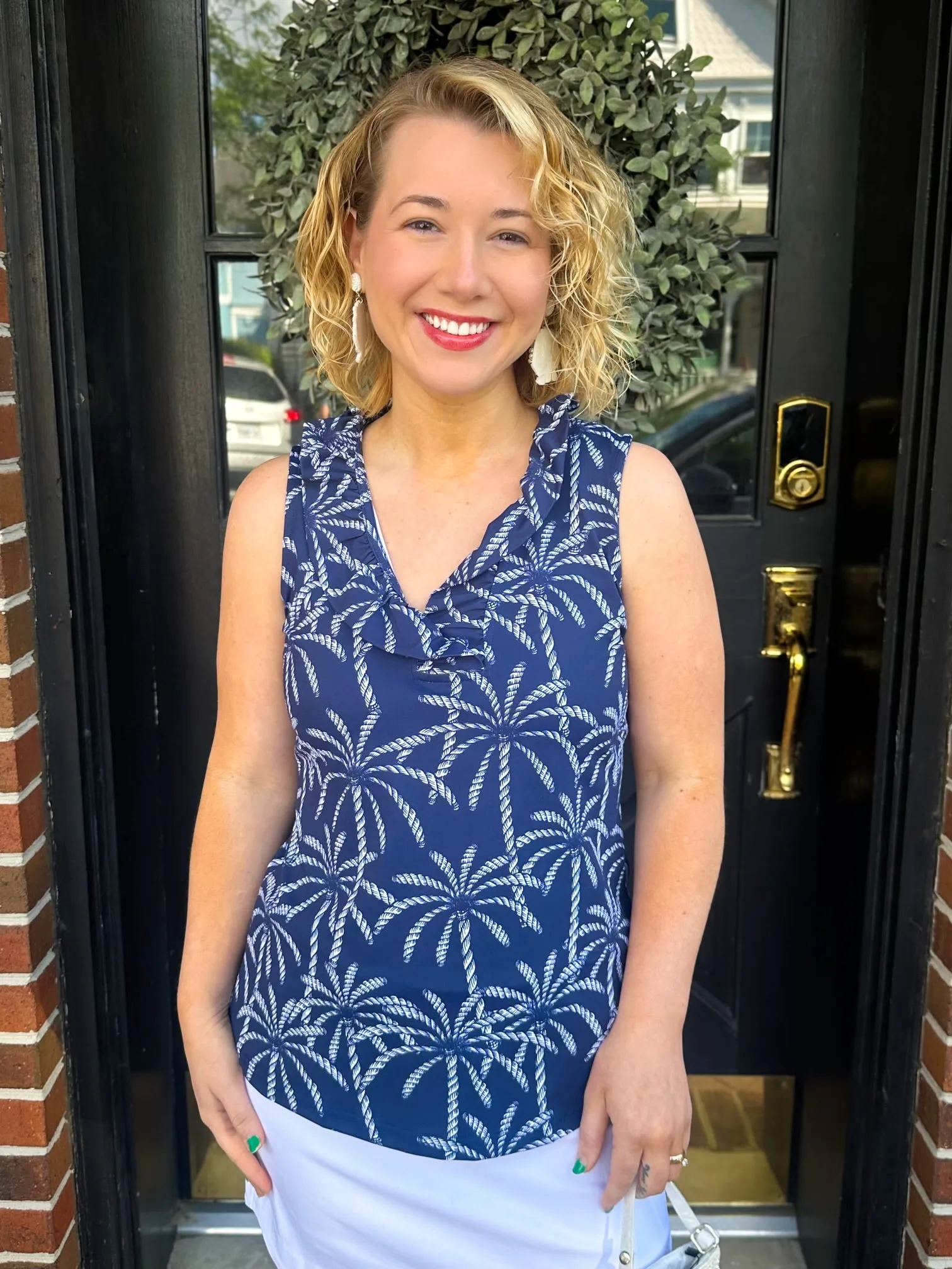 Lulu B Navy Palm Tree Ruffle V-Neck Tank
