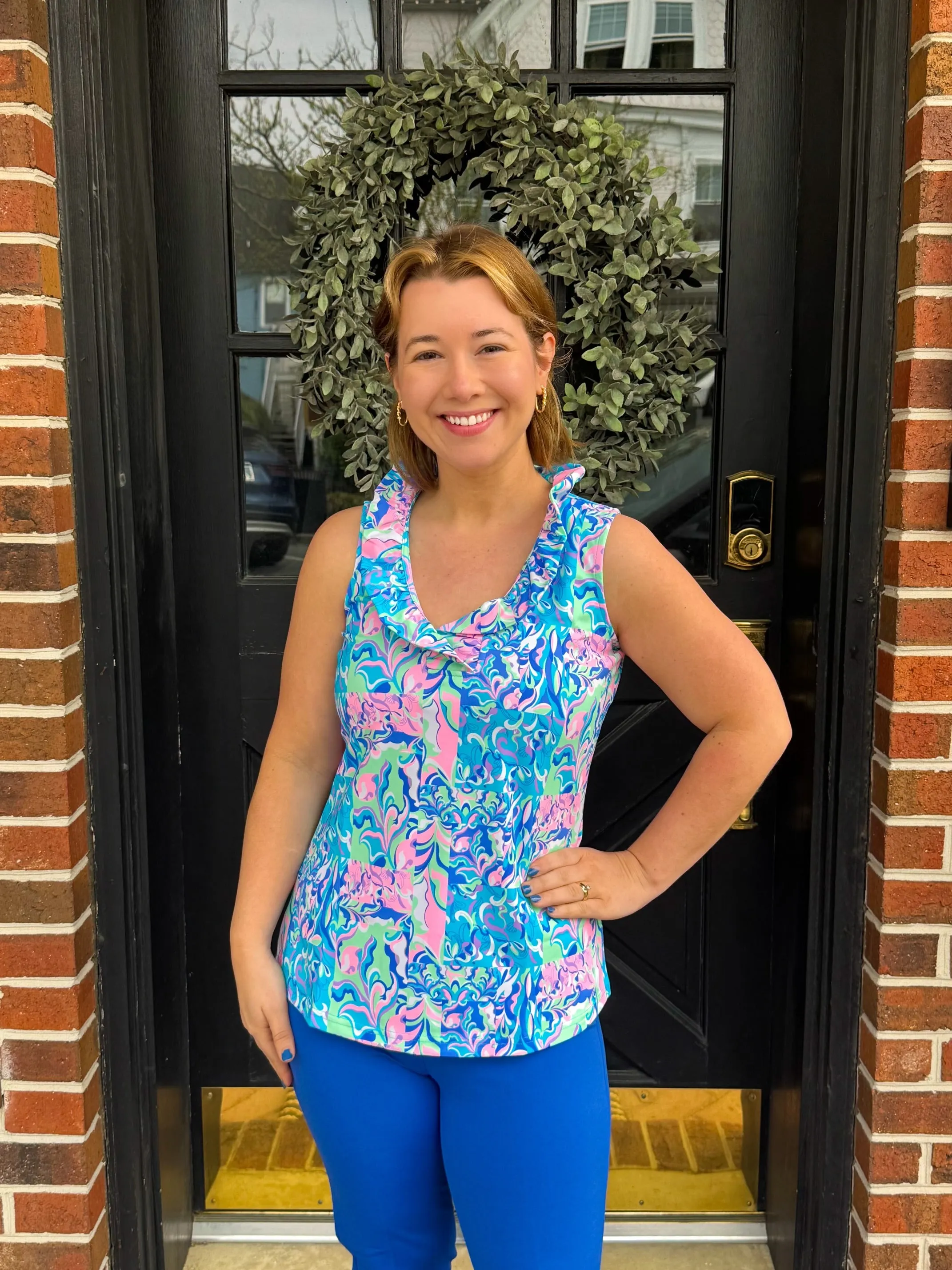 Lulu B Ruffle Neck Pastel Watercolor Sleeveless Top