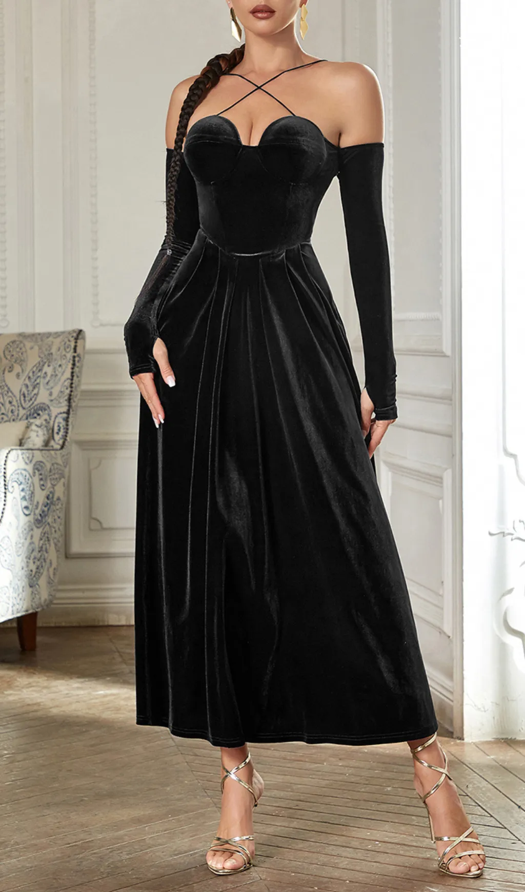 PLEATED VELVET GOWN GLOVES SUIT Gloria Lanvin