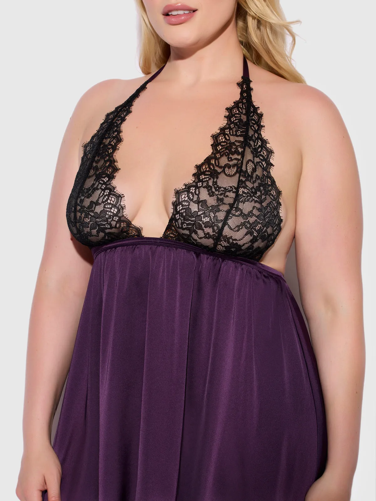 Rosalind Lace & Satin Halter Neck Drop Off Babydoll