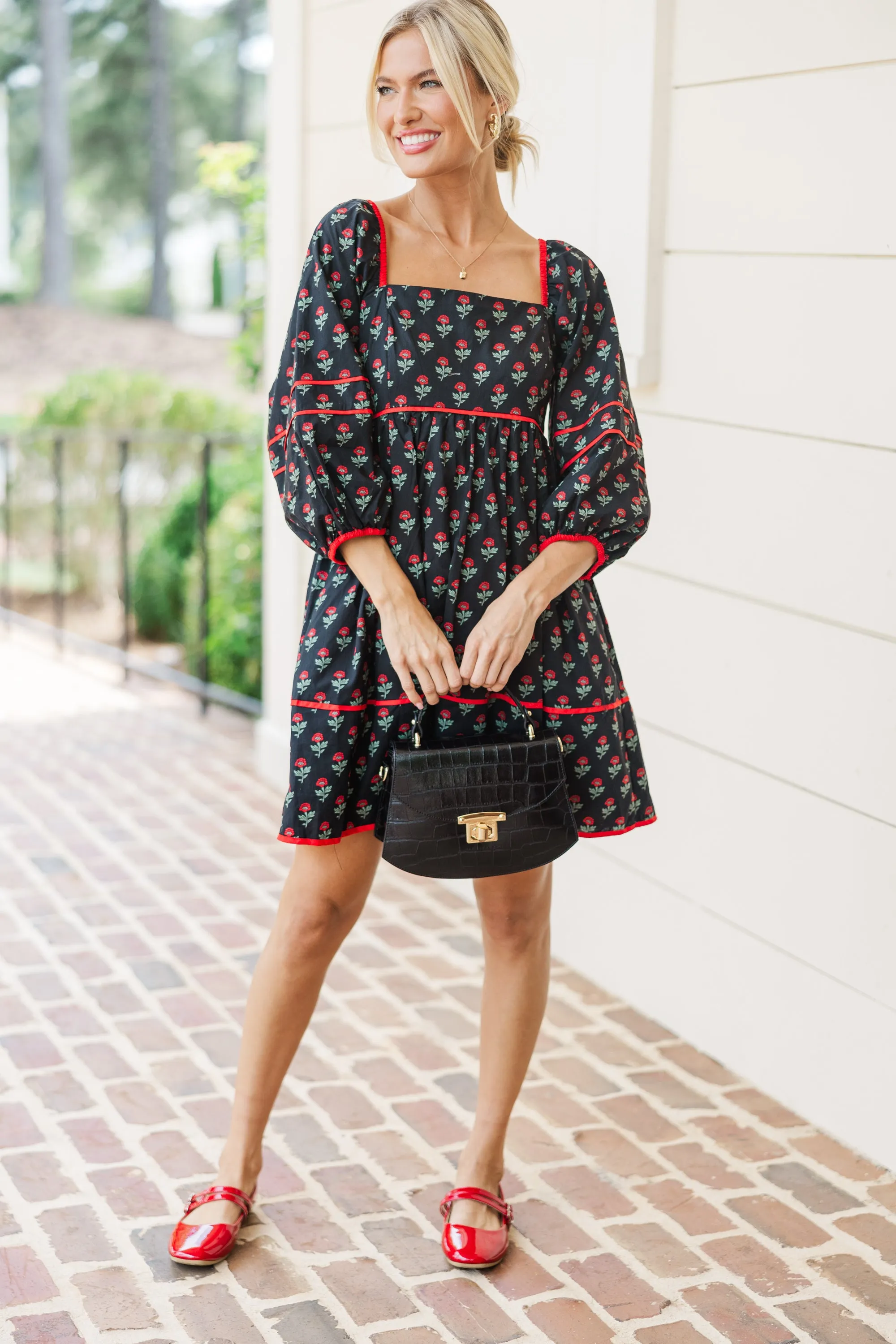 Want It All Black Floral Babydoll Dress